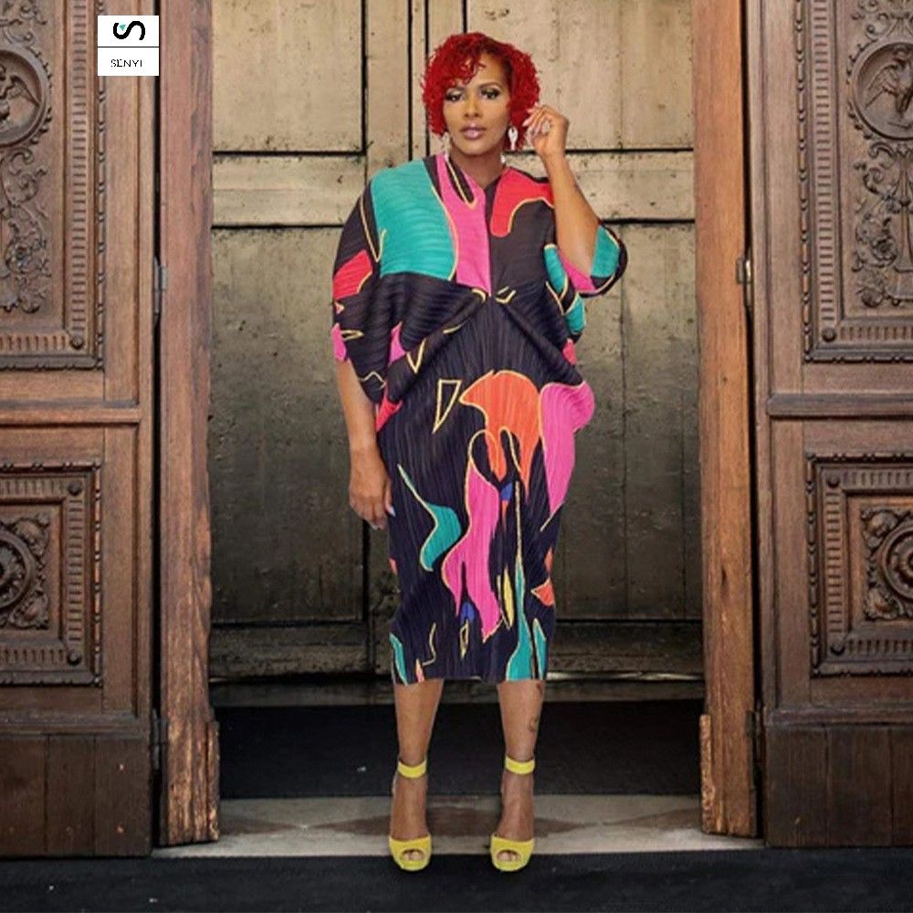 SENYI Collar bat sleeves printed dress fashionable loose high temperature cloth aunt women's clothing