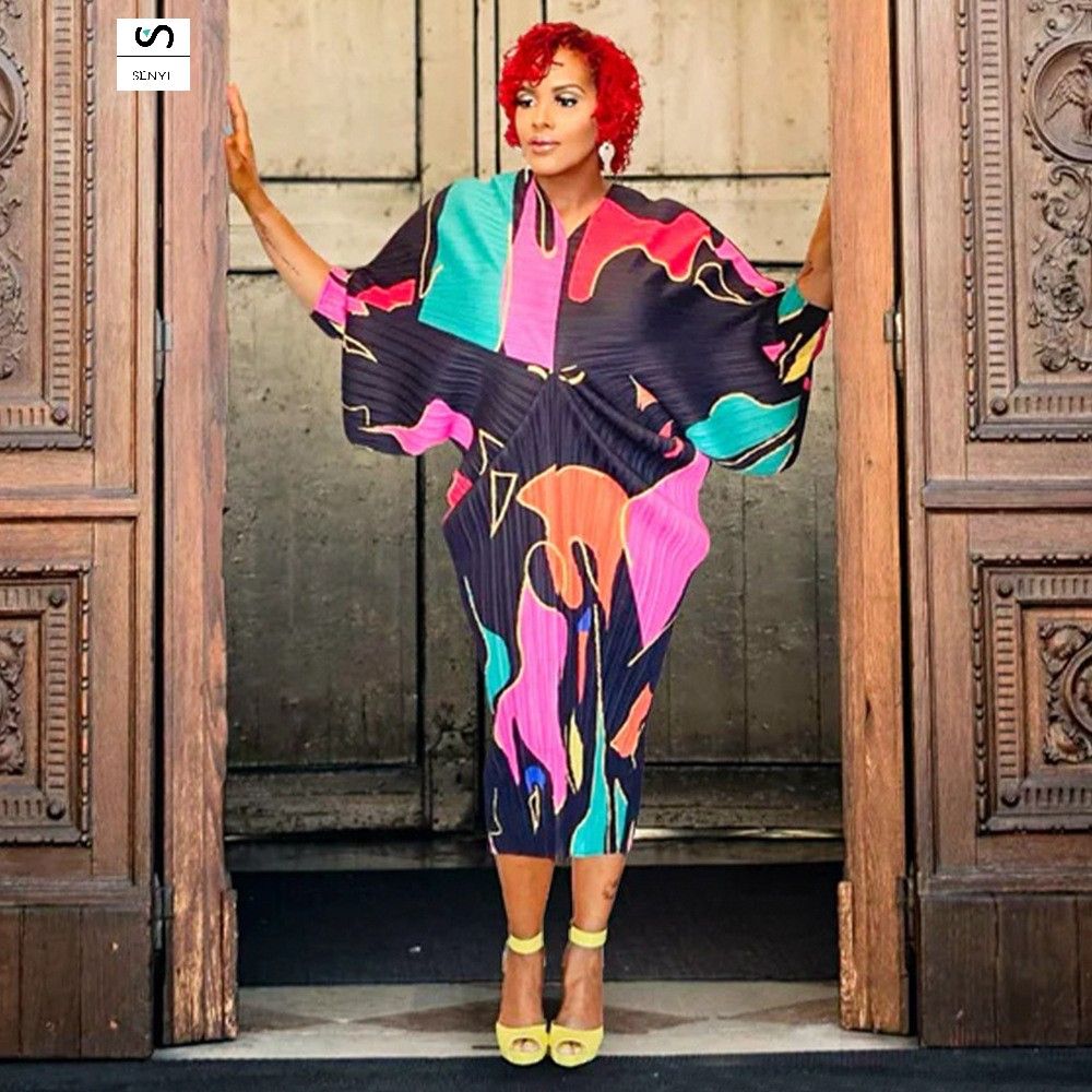 SENYI Collar bat sleeves printed dress fashionable loose high temperature cloth aunt women's clothing