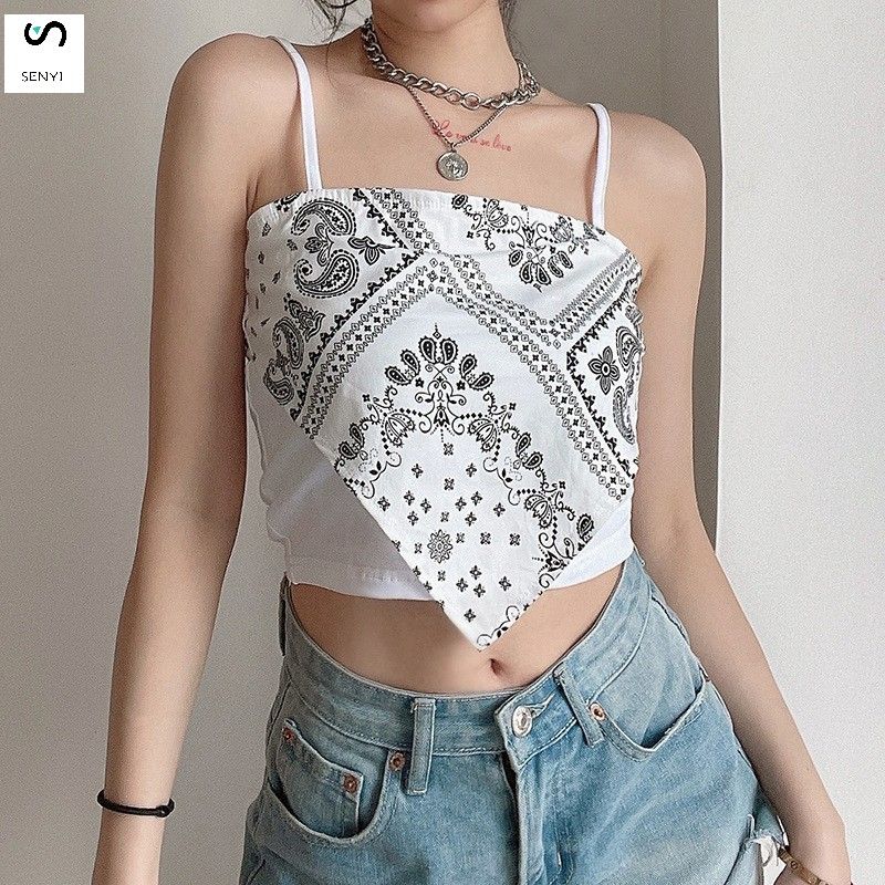 SENYI 3 PCS/set Street style cashew flower print suspender top for women, slim and versatile, short style, inner T-shirt, summer wear white-Semi transparent