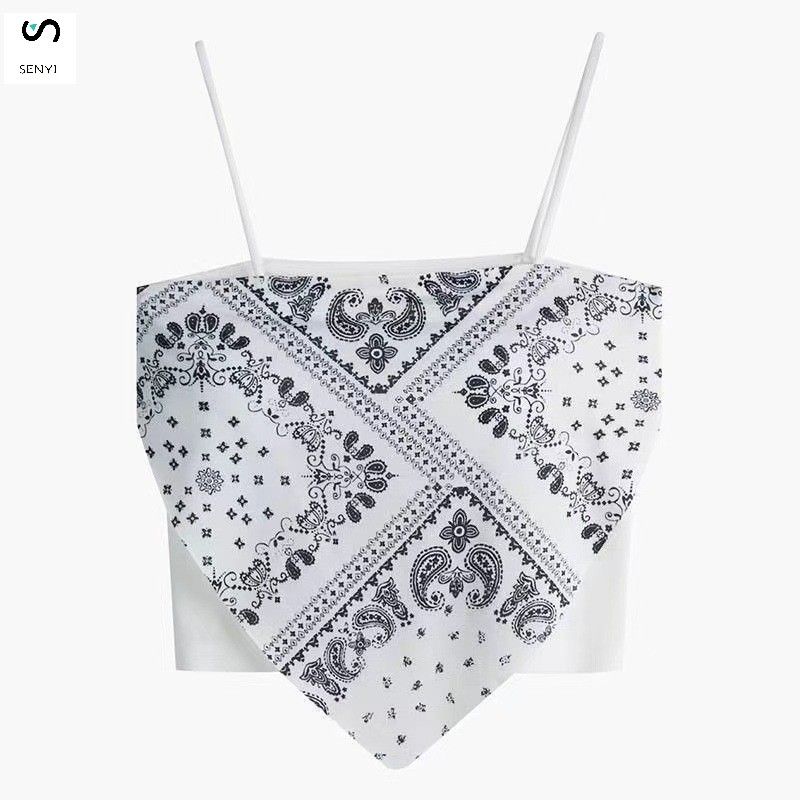 SENYI 3 PCS/set Street style cashew flower print suspender top for women, slim and versatile, short style, inner T-shirt, summer wear white-Semi transparent