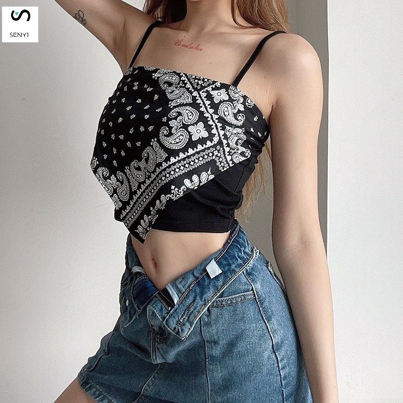 SENYI 3 PCS/set Street style cashew flower print suspender top for women, slim and versatile, short style, inner T-shirt, summer wear white-Semi transparent