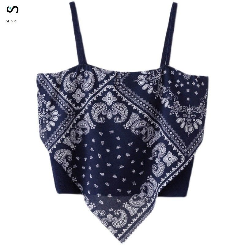 SENYI 3 PCS/set Street style cashew flower print suspender top for women, slim and versatile, short style, inner T-shirt, summer wear white-Semi transparent