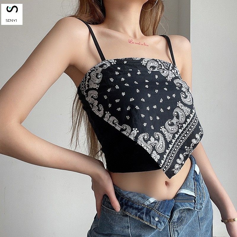 SENYI 3 PCS/set Street style cashew flower print suspender top for women, slim and versatile, short style, inner T-shirt, summer wear white-Semi transparent