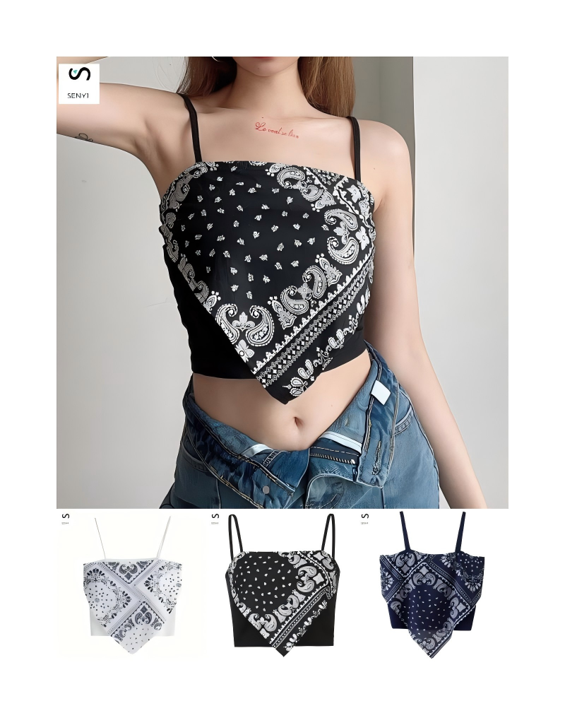 SENYI 3 PCS/set Street style cashew flower print suspender top for women, slim and versatile, short style, inner T-shirt, summer wear white-Semi transparent