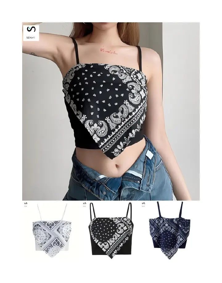 SENYI 3 PCS/set Street style cashew flower print suspender top for women, slim and versatile, short style, inner T-shirt, summer wear white-Semi transparent