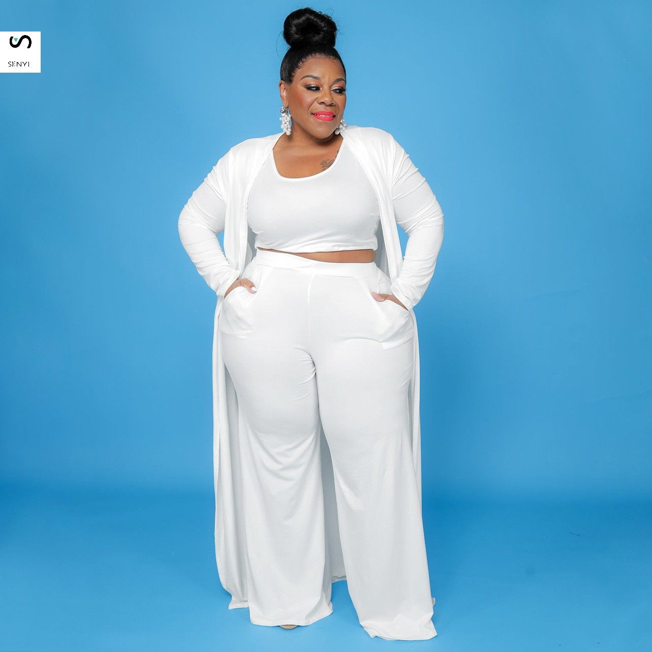 SENYI 3pcs/set Women's large size casual fashion sports home robe jacket one Vest + pants + jacket three pieces in one set