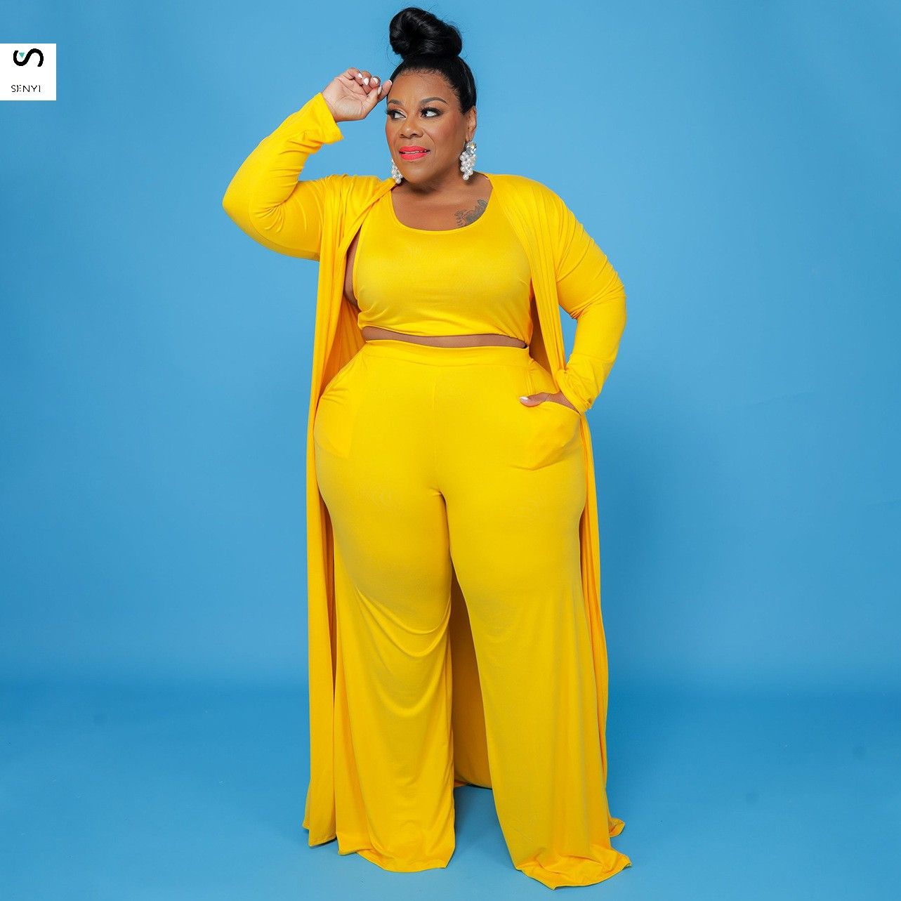 SENYI 3pcs/set Women's large size casual fashion sports home robe jacket one Vest + pants + jacket three pieces in one set