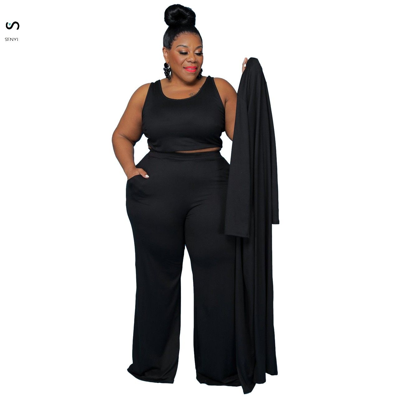 SENYI 3pcs/set Women's large size casual fashion sports home robe jacket one Vest + pants + jacket three pieces in one set