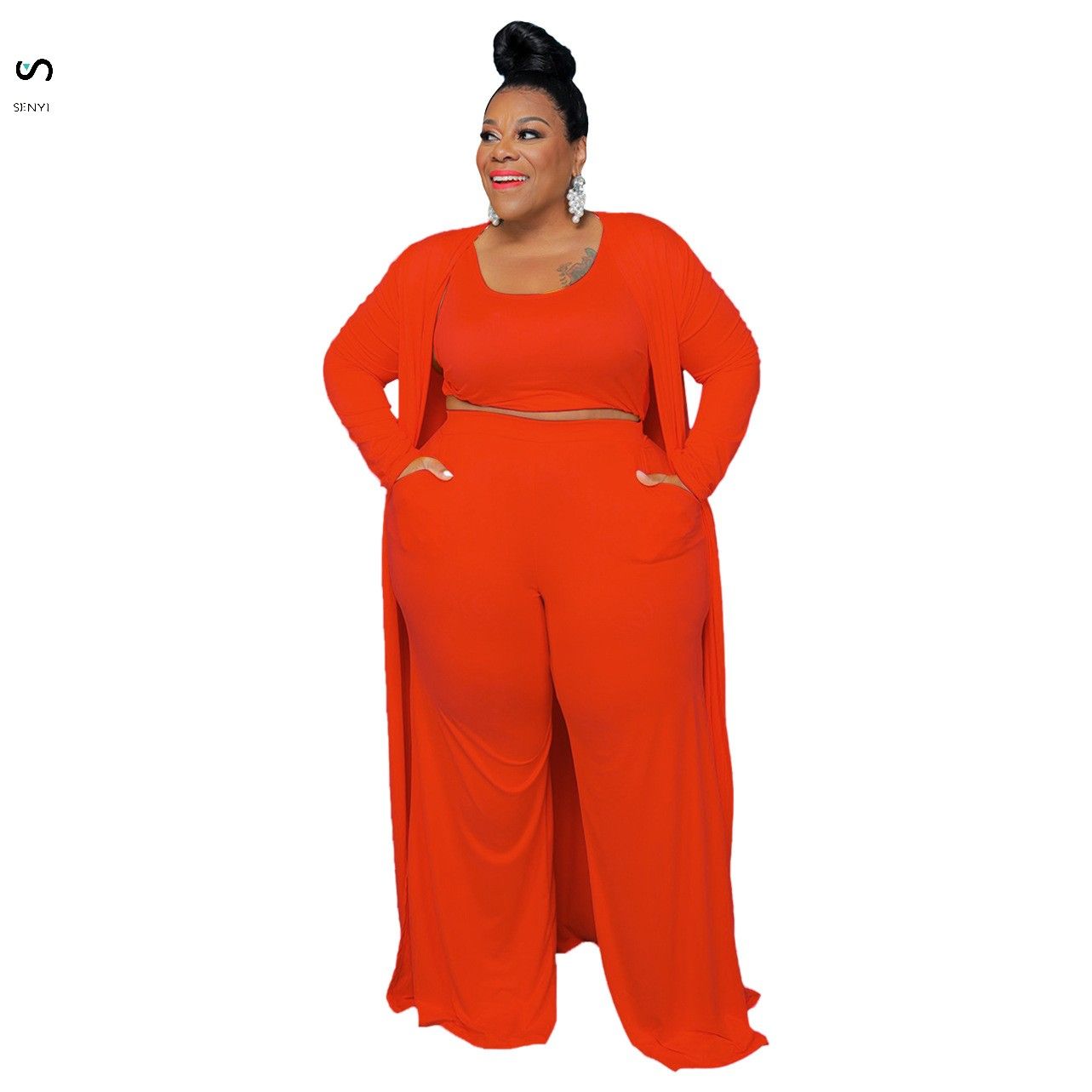 SENYI 3pcs/set Women's large size casual fashion sports home robe jacket one Vest + pants + jacket three pieces in one set