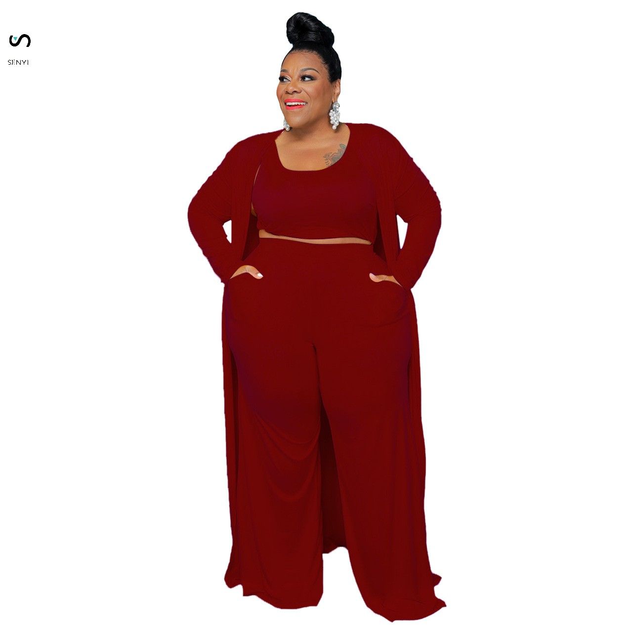 SENYI 3pcs/set Women's large size casual fashion sports home robe jacket one Vest + pants + jacket three pieces in one set