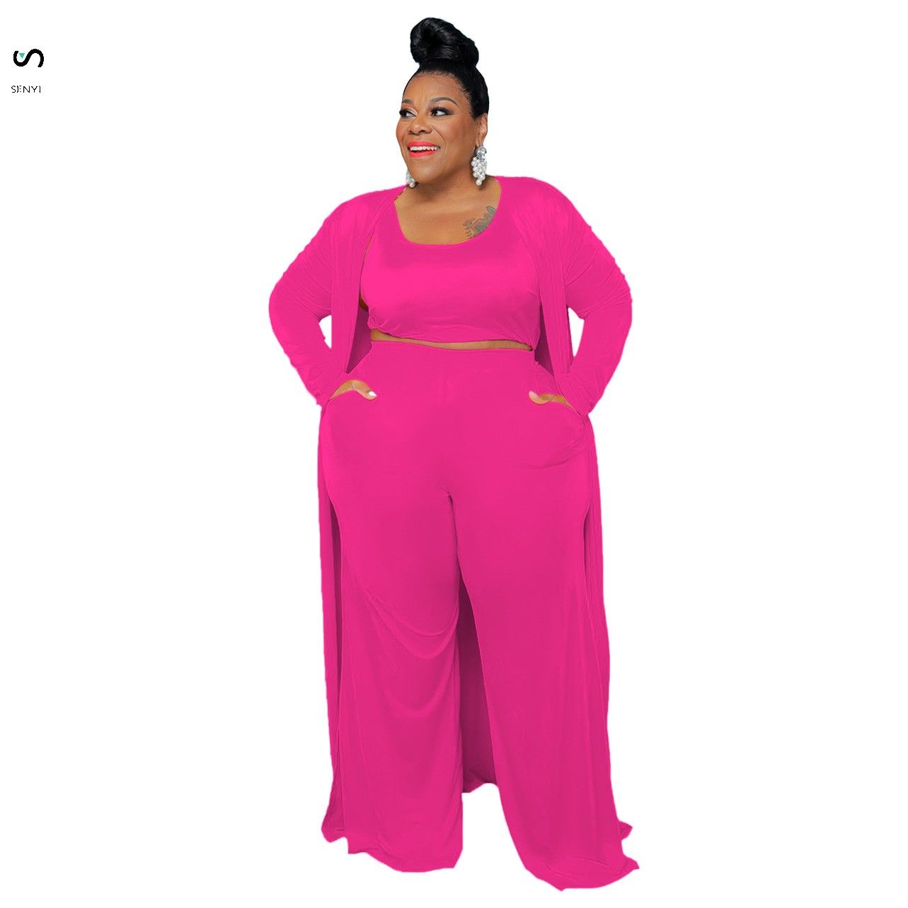 SENYI 3pcs/set Women's large size casual fashion sports home robe jacket one Vest + pants + jacket three pieces in one set