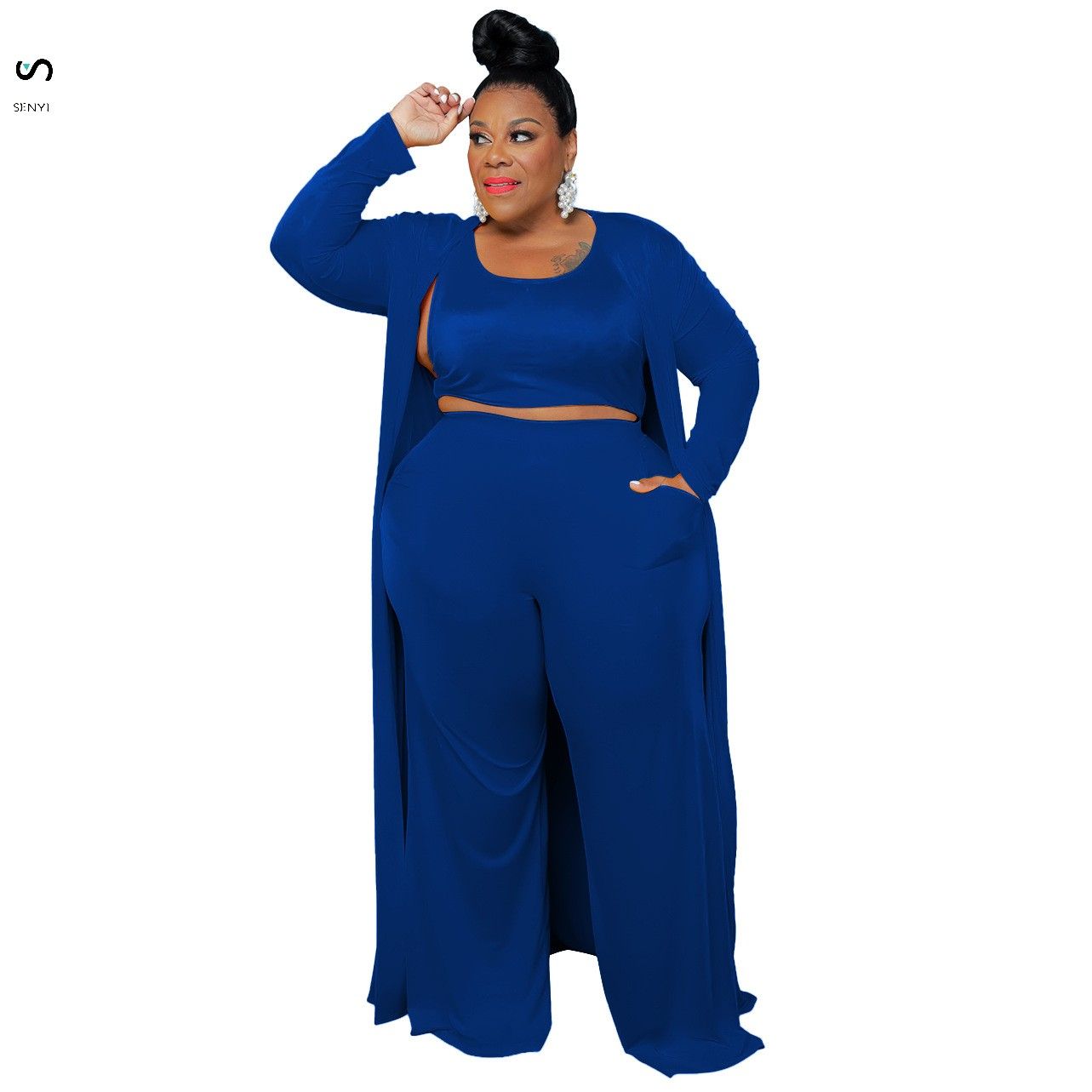 SENYI 3pcs/set Women's large size casual fashion sports home robe jacket one Vest + pants + jacket three pieces in one set