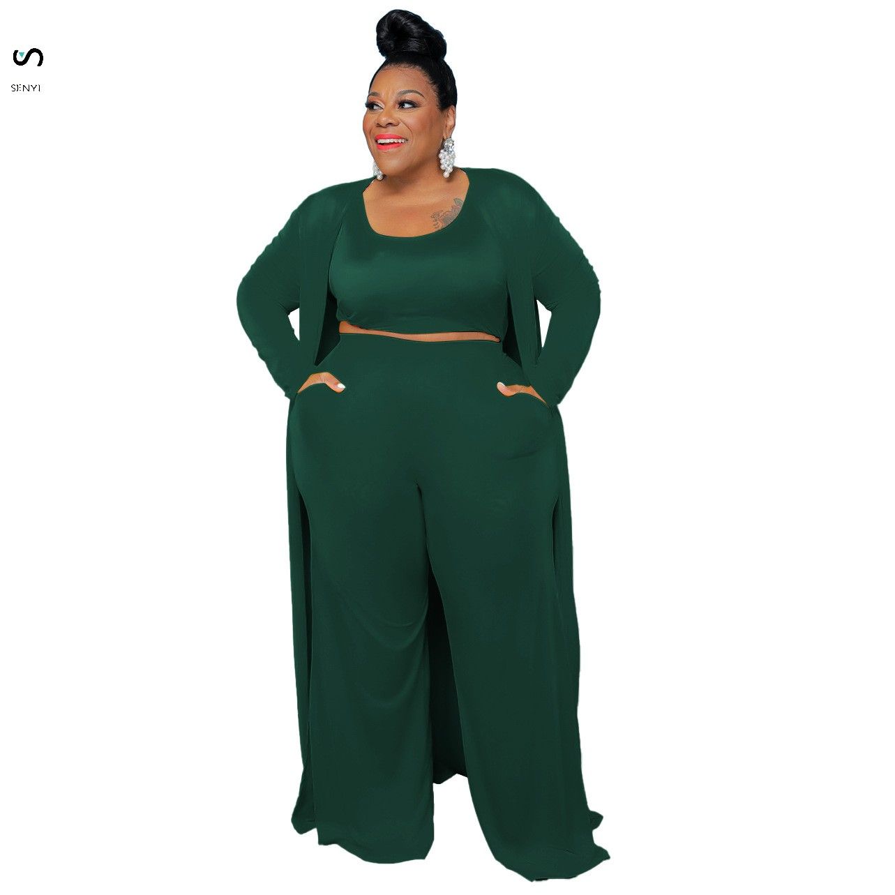 SENYI 3pcs/set Women's large size casual fashion sports home robe jacket one Vest + pants + jacket three pieces in one set