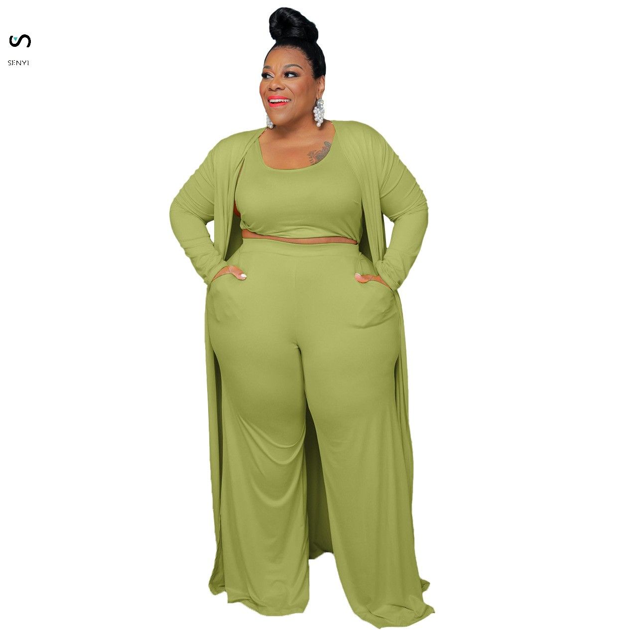 SENYI 3pcs/set Women's large size casual fashion sports home robe jacket one Vest + pants + jacket three pieces in one set