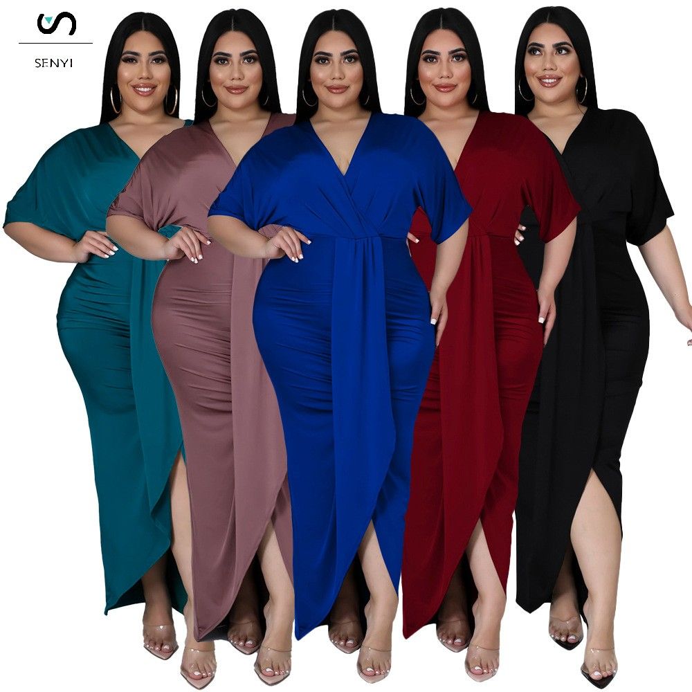 SENYI Fashion plus size women's foreign trade sexy nightclub irregular slit V-neck dress
