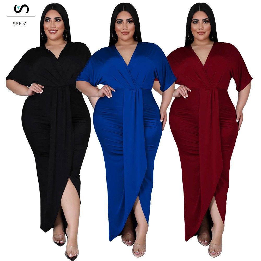 SENYI Fashion plus size women's foreign trade sexy nightclub irregular slit V-neck dress