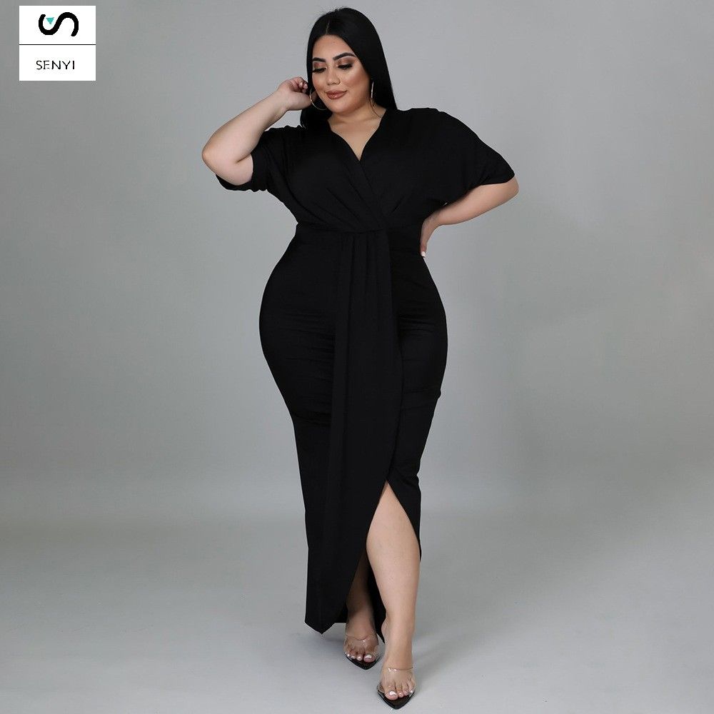 SENYI Fashion plus size women's foreign trade sexy nightclub irregular slit V-neck dress