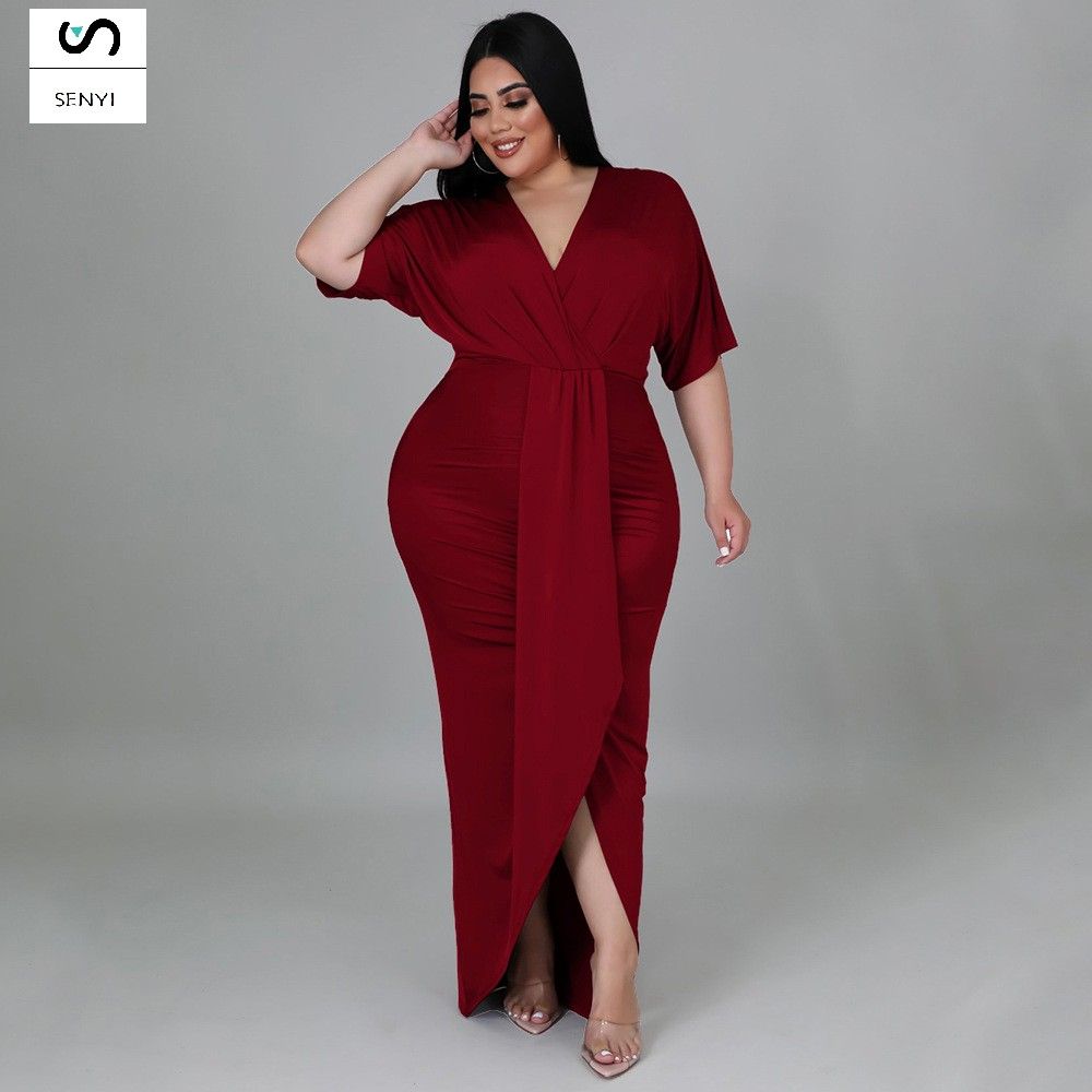 SENYI Fashion plus size women's foreign trade sexy nightclub irregular slit V-neck dress