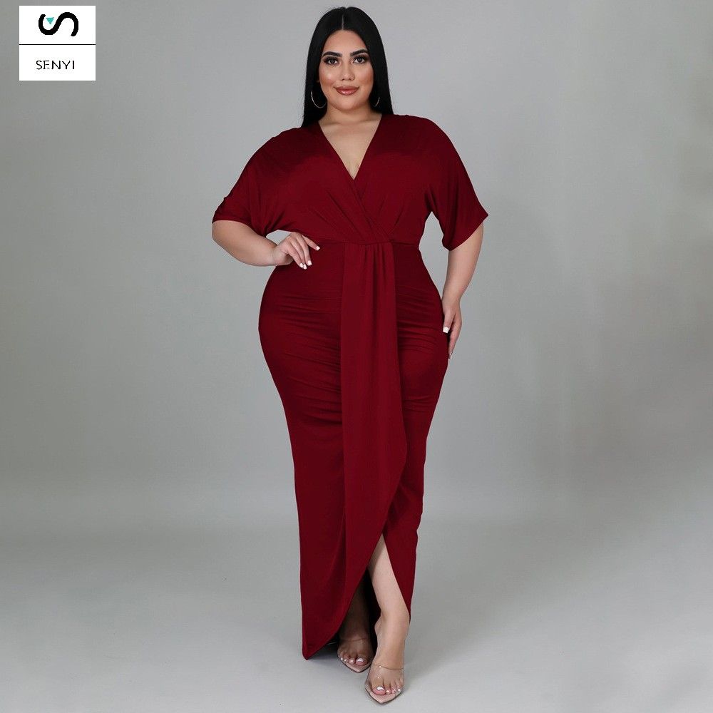 SENYI Fashion plus size women's foreign trade sexy nightclub irregular slit V-neck dress