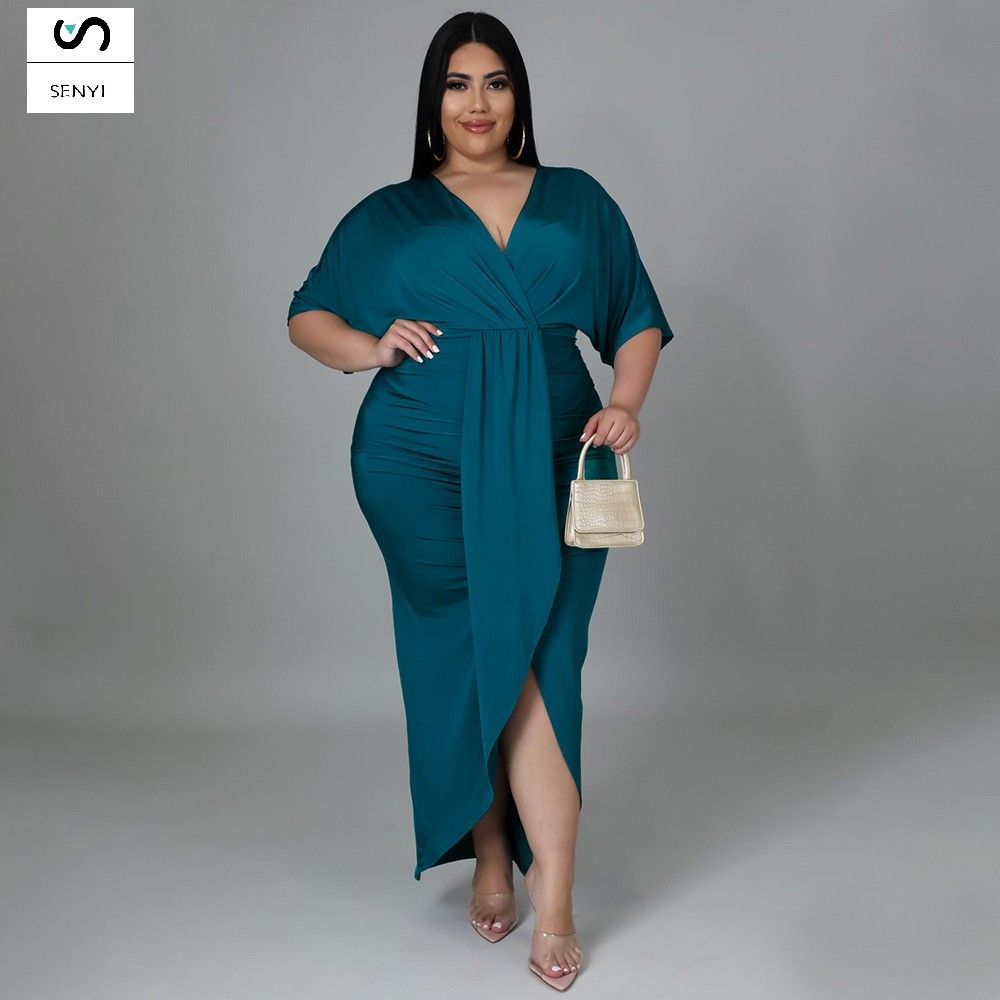 SENYI Fashion plus size women's foreign trade sexy nightclub irregular slit V-neck dress