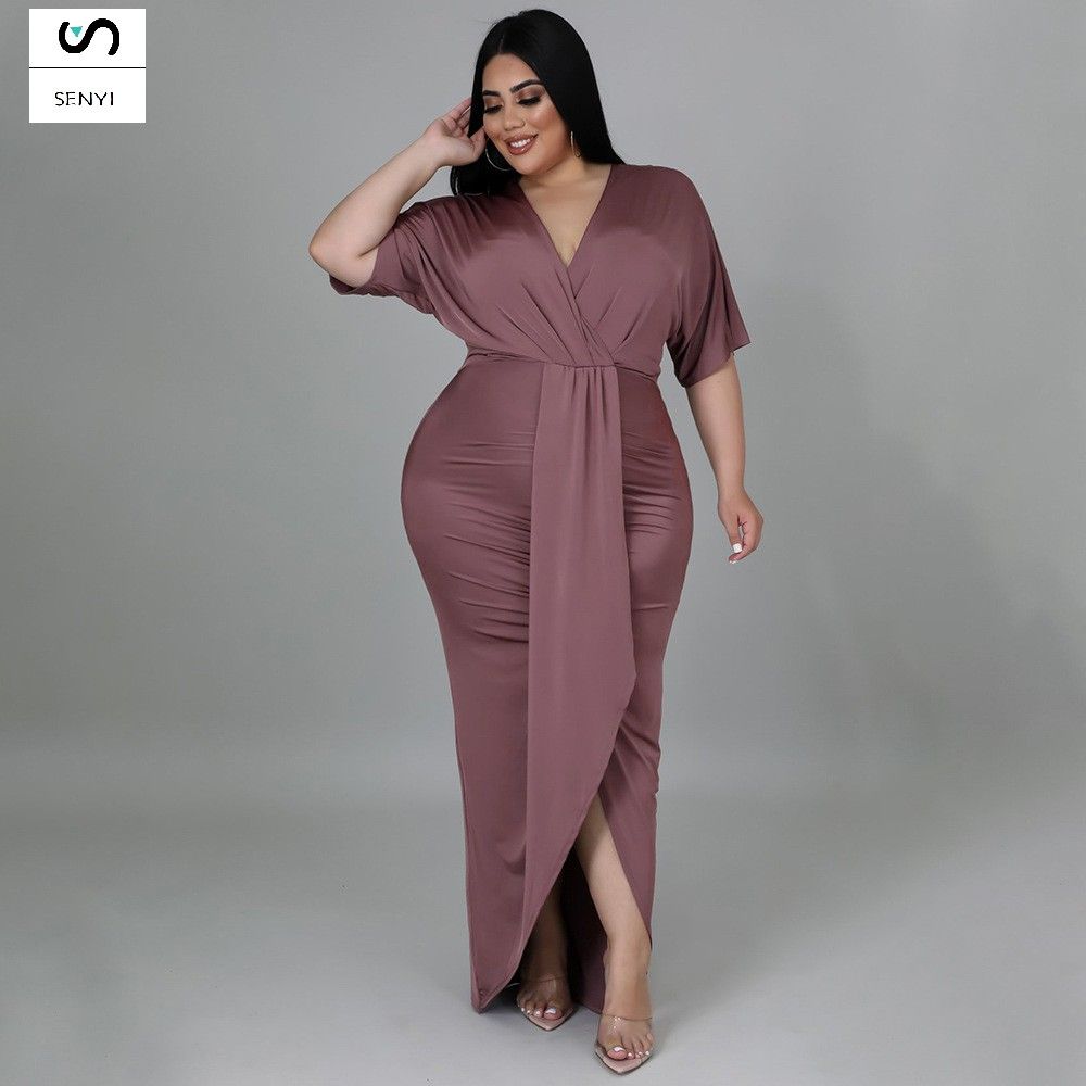 SENYI Fashion plus size women's foreign trade sexy nightclub irregular slit V-neck dress