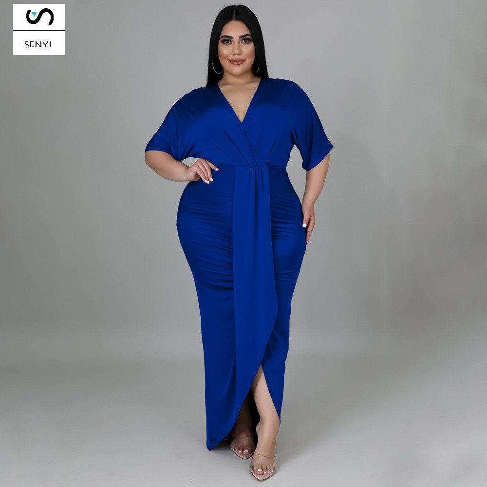 SENYI Fashion plus size women's foreign trade sexy nightclub irregular slit V-neck dress