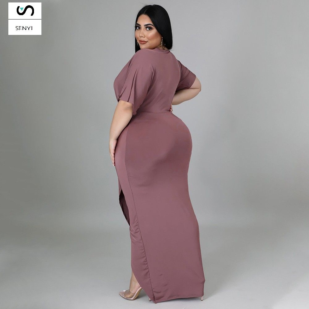 SENYI Fashion plus size women's foreign trade sexy nightclub irregular slit V-neck dress