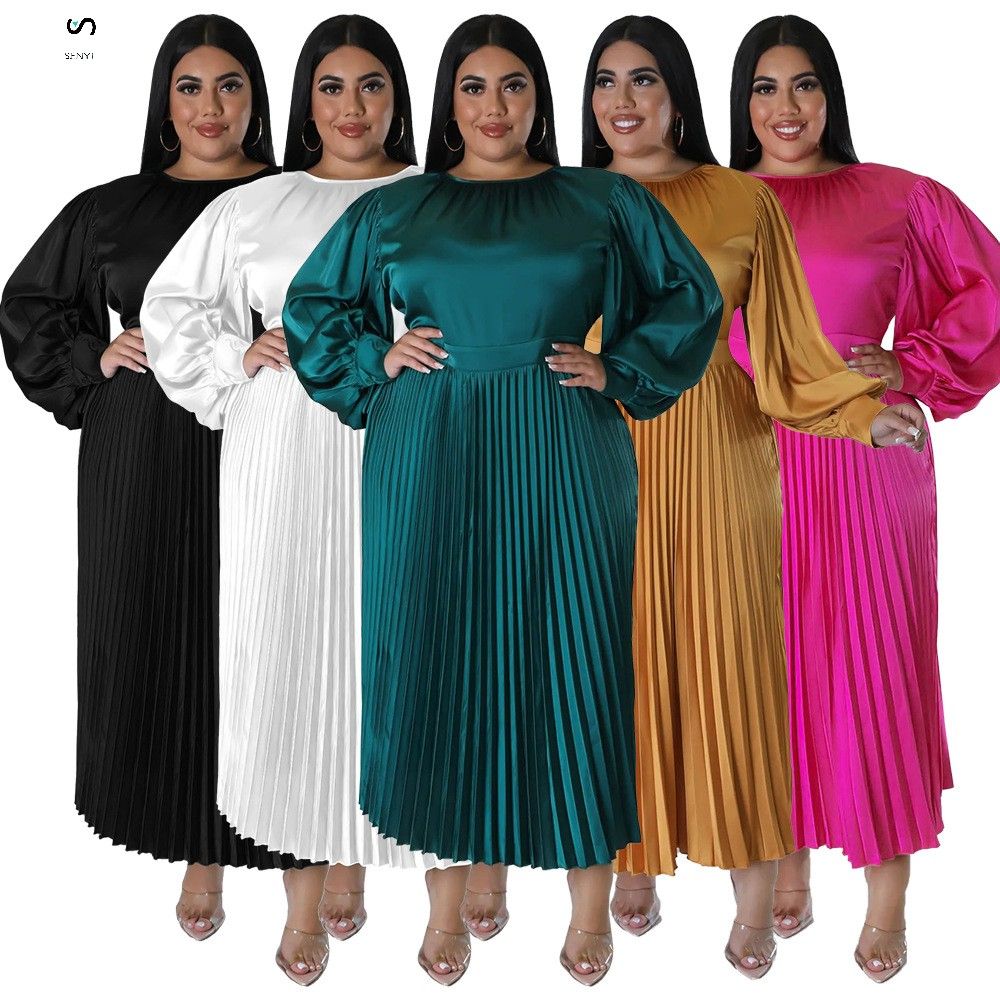 SENYI Plus size women's clothing Popular pleated round neck long dress long sleeve warm rainy season fashion