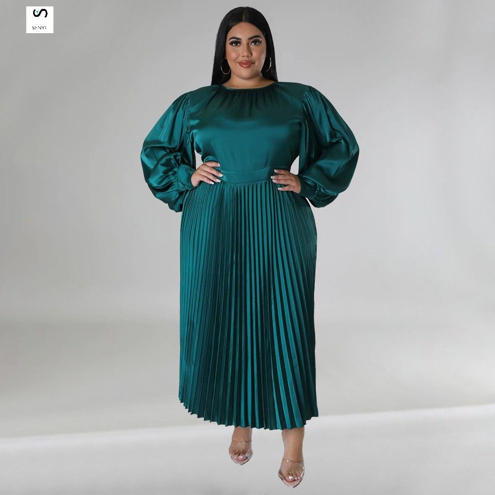 SENYI Plus size women's clothing Popular pleated round neck long dress long sleeve warm rainy season fashion