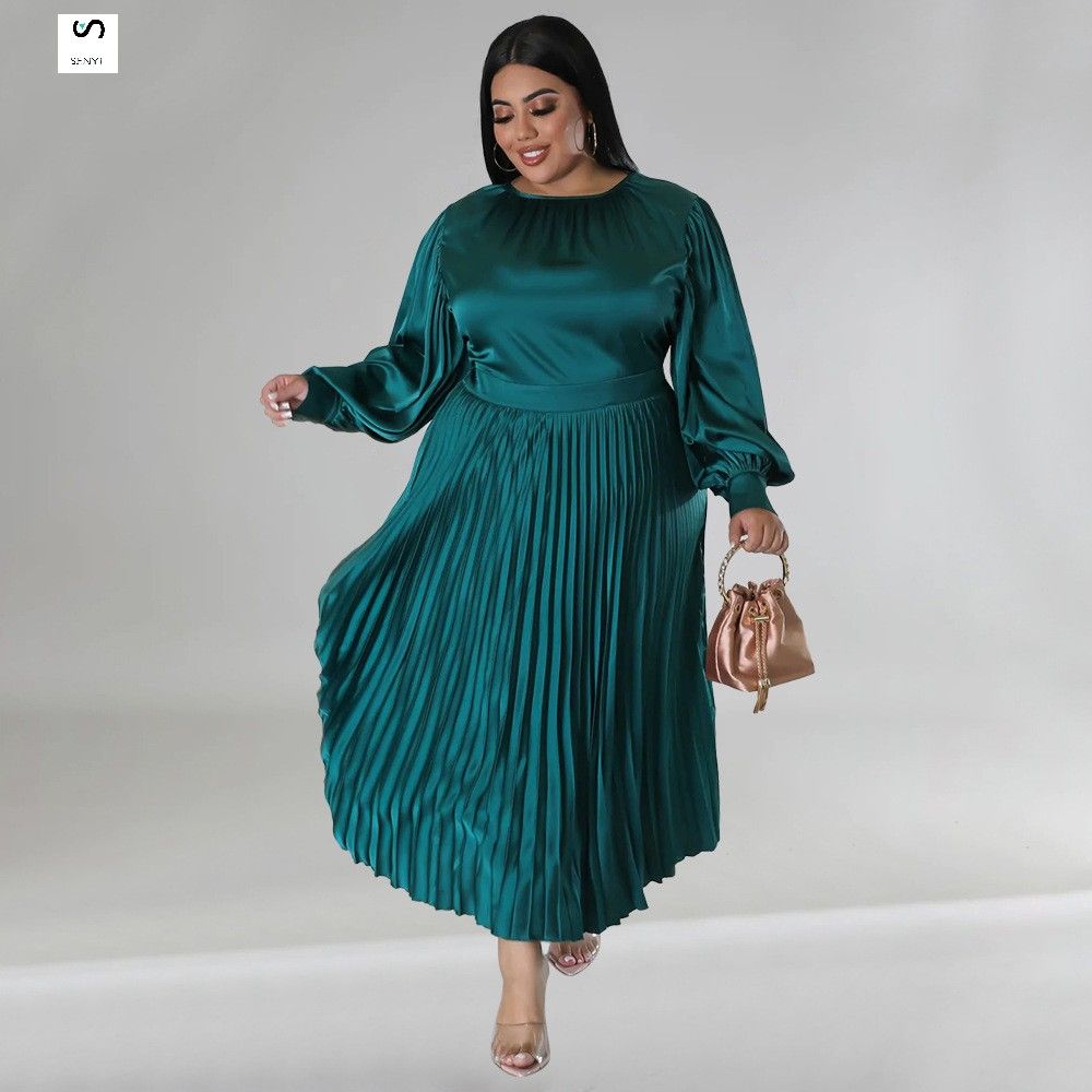 SENYI Plus size women's clothing Popular pleated round neck long dress long sleeve warm rainy season fashion