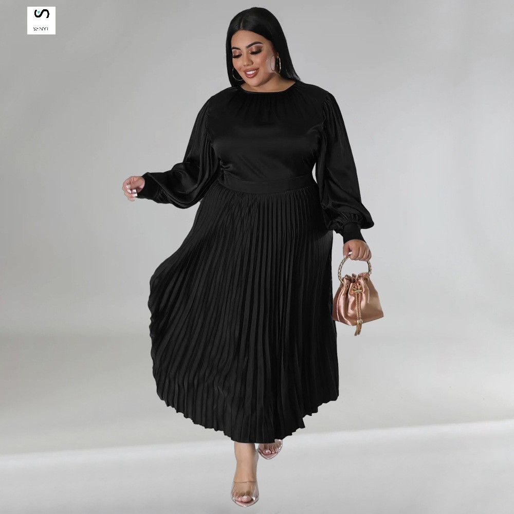 SENYI Plus size women's clothing Popular pleated round neck long dress long sleeve warm rainy season fashion
