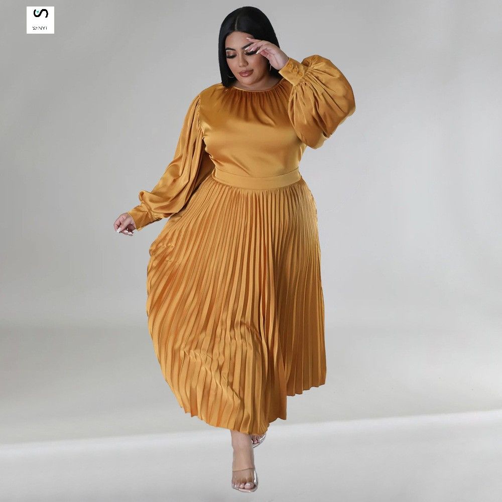 SENYI Plus size women's clothing Popular pleated round neck long dress long sleeve warm rainy season fashion