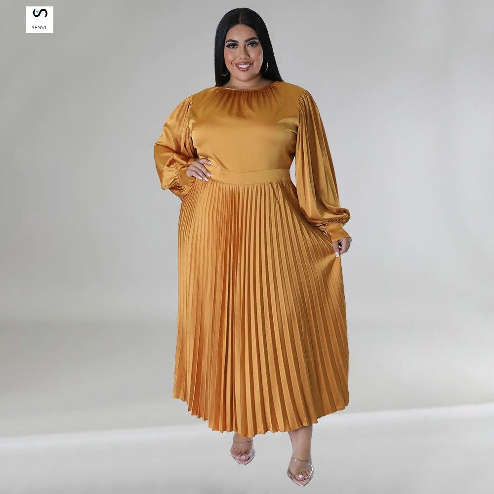 SENYI Plus size women's clothing Popular pleated round neck long dress long sleeve warm rainy season fashion