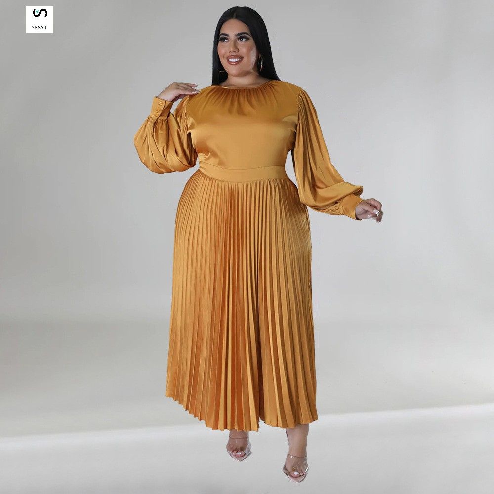 SENYI Plus size women's clothing Popular pleated round neck long dress long sleeve warm rainy season fashion
