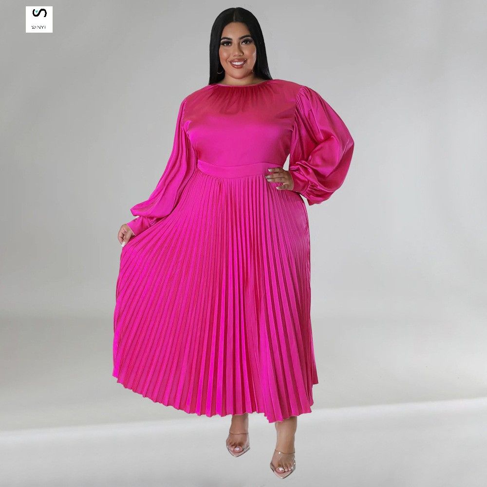SENYI Plus size women's clothing Popular pleated round neck long dress long sleeve warm rainy season fashion