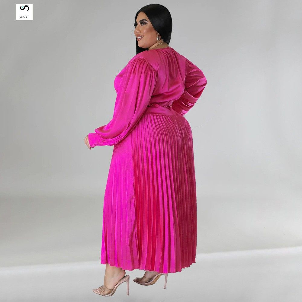 SENYI Plus size women's clothing Popular pleated round neck long dress long sleeve warm rainy season fashion