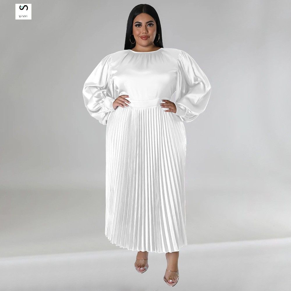 SENYI Plus size women's clothing Popular pleated round neck long dress long sleeve warm rainy season fashion