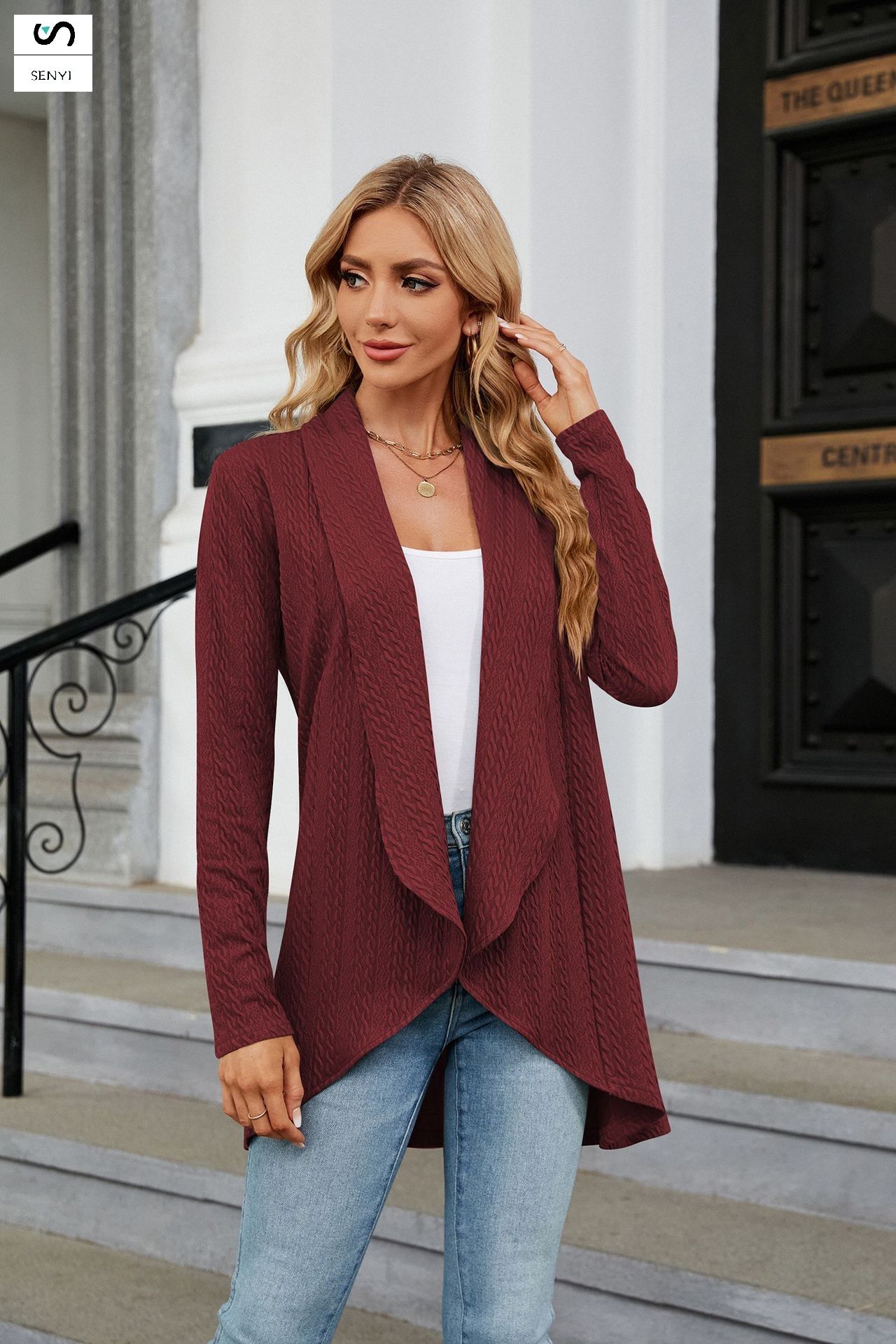 SENYI New long-sleeved solid color loose cardigan tops women's knitted jacket fashionable and versatile