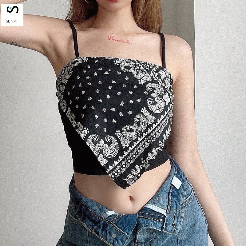 SENYI Street style cashew flower print suspender top for women, slim and versatile, short style, inner T-shirt, summer wear