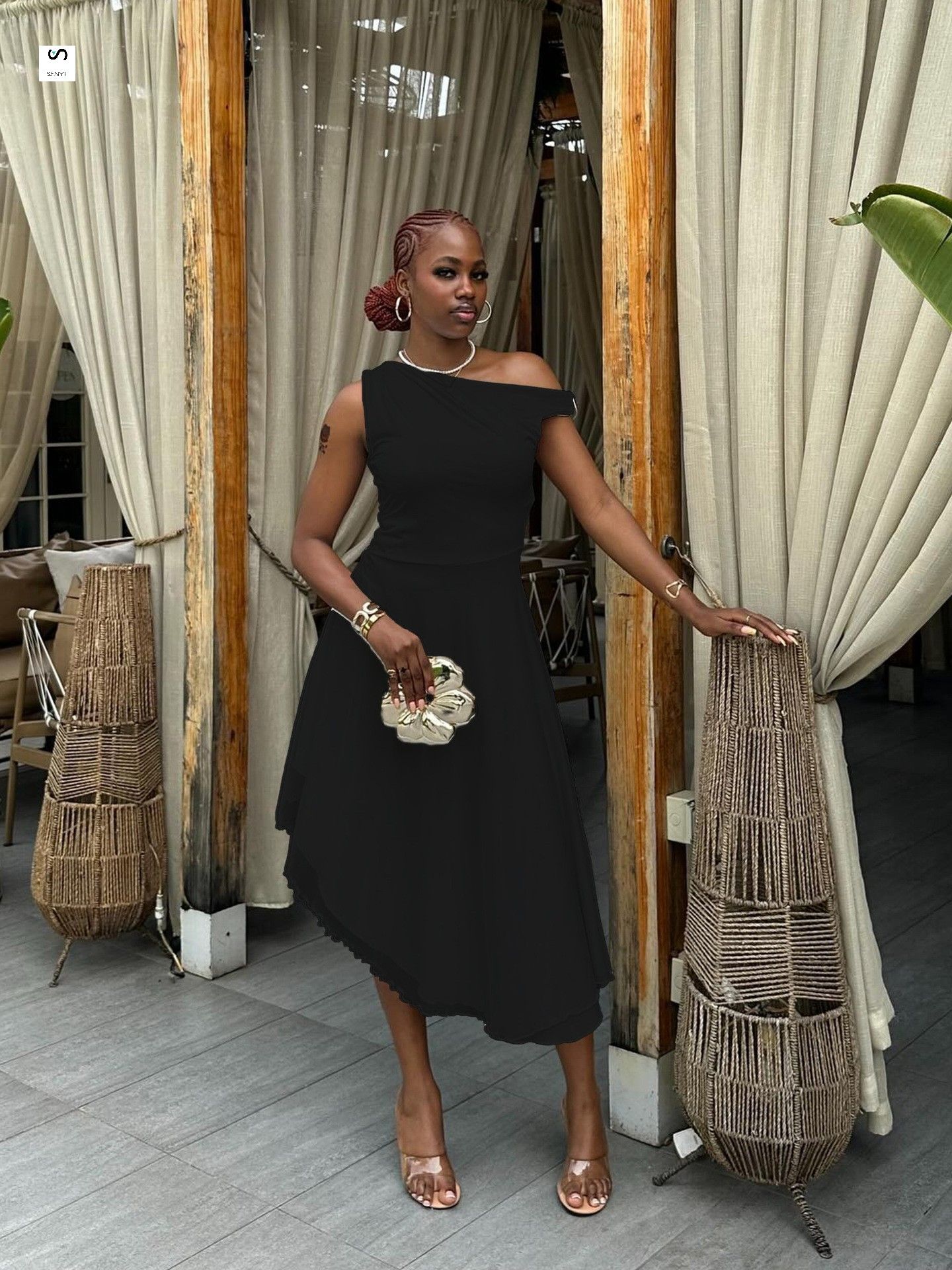 SENYI Women's Fashion Dress Simple personality Sleeveless Irregular Skirt Dress Off-shoulder elegant date birthday gift