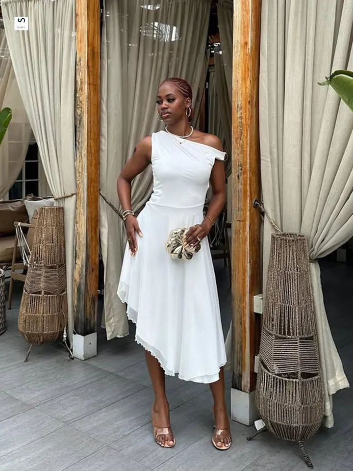 SENYI Women's Fashion Dress Simple personality Sleeveless Irregular Skirt Dress Off-shoulder elegant date birthday gift