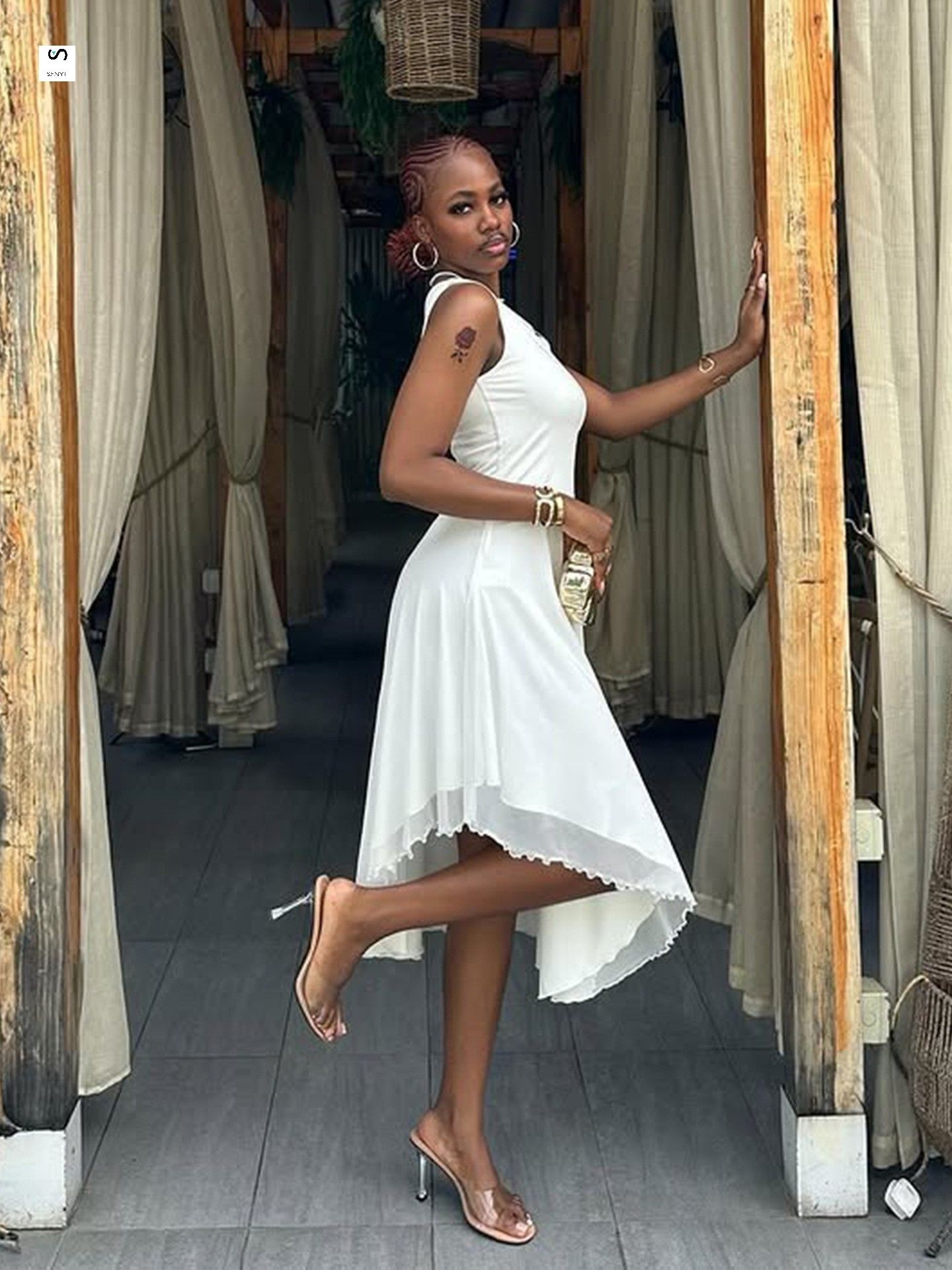 SENYI Women's Fashion Dress Simple personality Sleeveless Irregular Skirt Dress Off-shoulder elegant date birthday gift