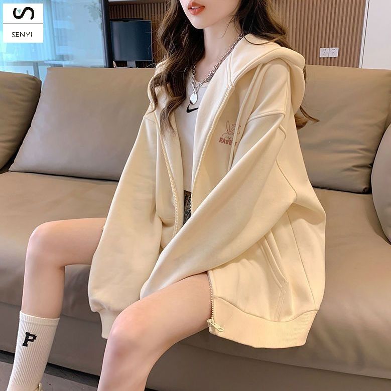 SENYI Embroidered pattern hooded sweatshirt girls cardigan jacket 2025 spring and autumn winter new lazy style loose long-sleeved top