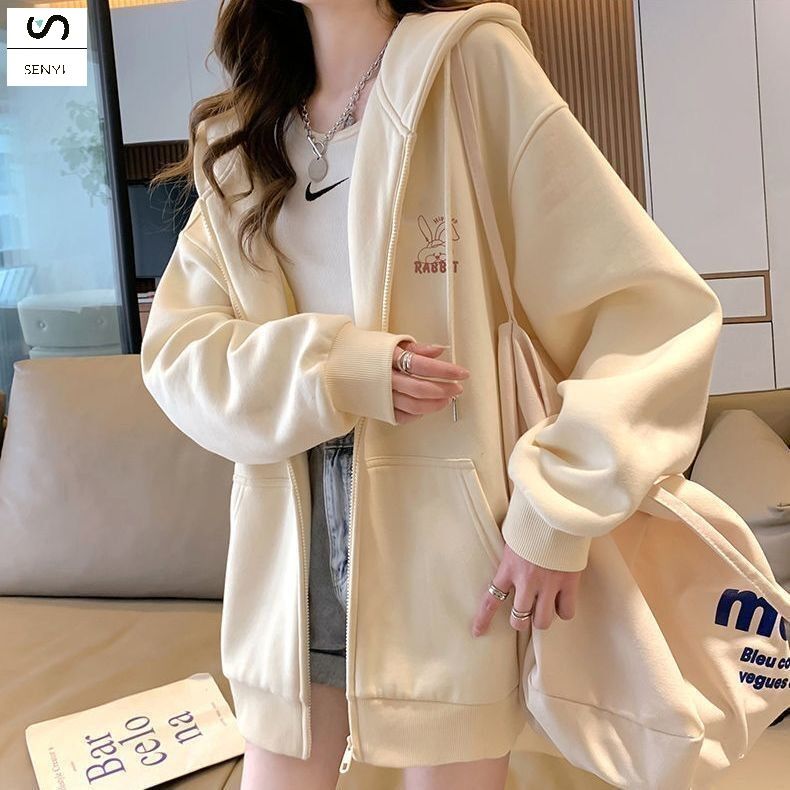 SENYI Embroidered pattern hooded sweatshirt girls cardigan jacket 2025 spring and autumn winter new lazy style loose long-sleeved top