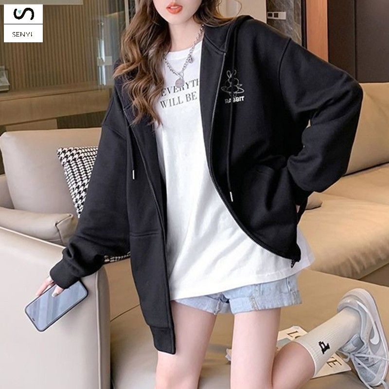 SENYI Embroidered pattern hooded sweatshirt girls cardigan jacket 2025 spring and autumn winter new lazy style loose long-sleeved top