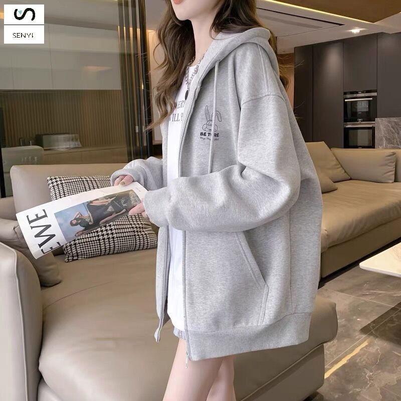 SENYI Embroidered pattern hooded sweatshirt girls cardigan jacket 2025 spring and autumn winter new lazy style loose long-sleeved top