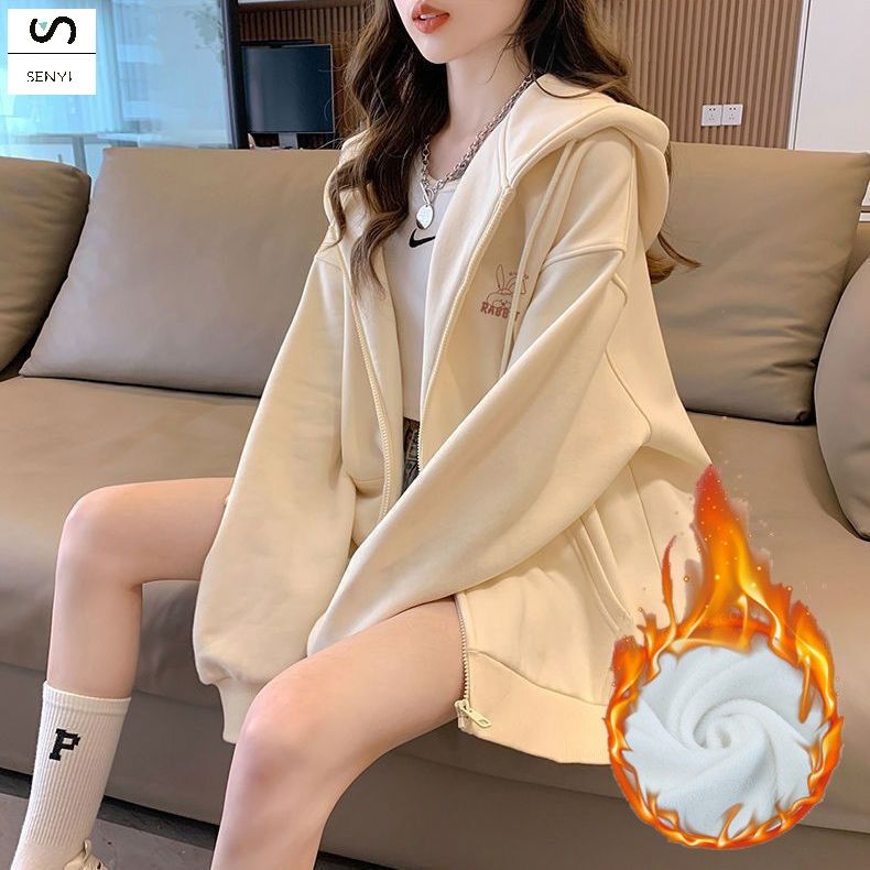 SENYI Embroidered pattern hooded sweatshirt girls cardigan jacket 2025 spring and autumn winter new lazy style loose long-sleeved top