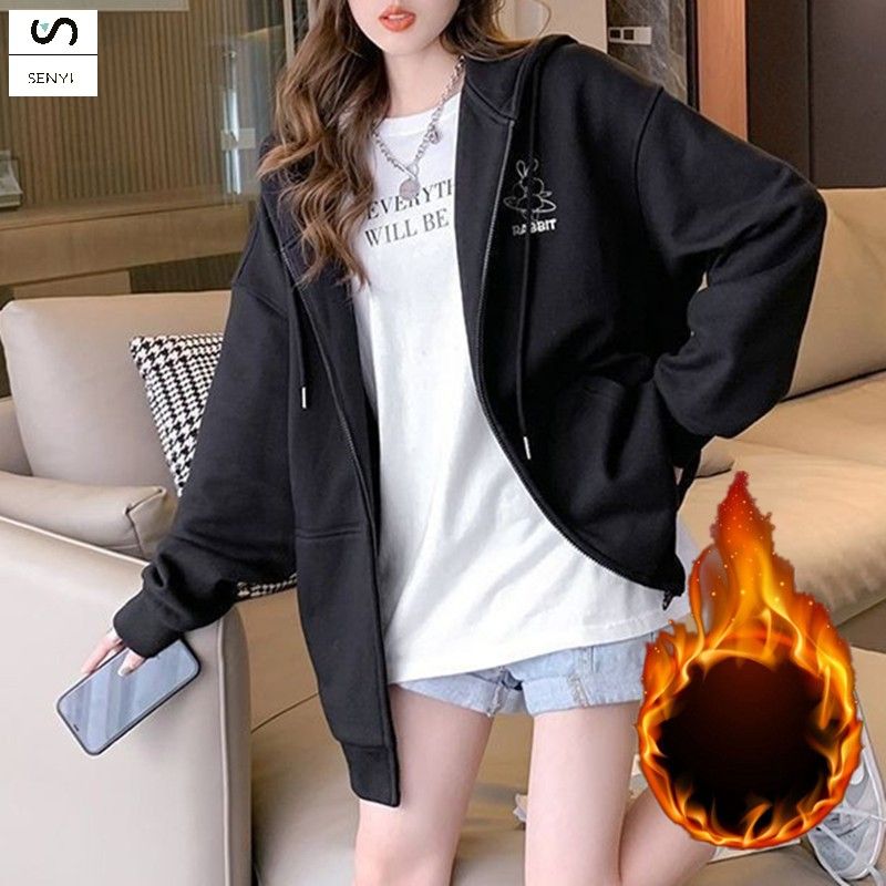 SENYI Embroidered pattern hooded sweatshirt girls cardigan jacket 2025 spring and autumn winter new lazy style loose long-sleeved top