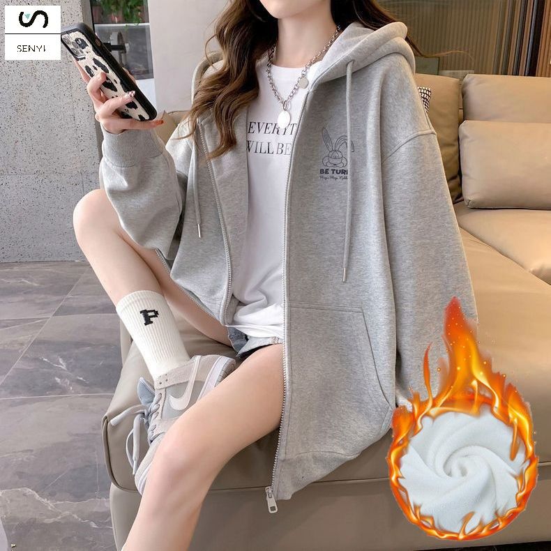 SENYI Embroidered pattern hooded sweatshirt girls cardigan jacket 2025 spring and autumn winter new lazy style loose long-sleeved top