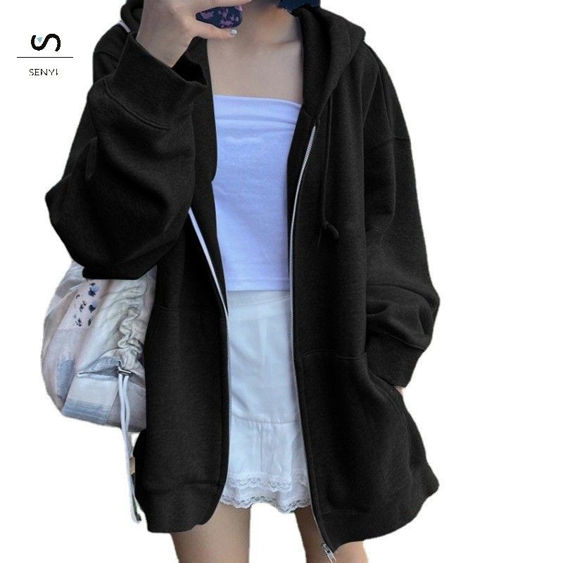 SENYI Gray hooded sweatshirt for women new loose plus velvet casual sports jacket spring and autumn long-sleeved zipper cardigan top